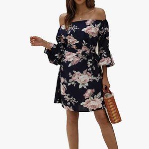 Women Off Shoulder Ruffles Blue Floral Dress